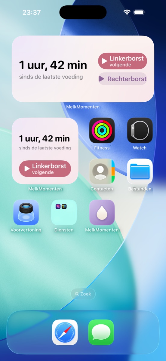 Widgets op het beginscherm met de tijd sinds de laatste voeding
